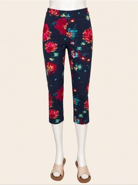 Tribal Floral Pull-On Capri Pants NWT Size 6 Stretch Navy Resort Travel Summer